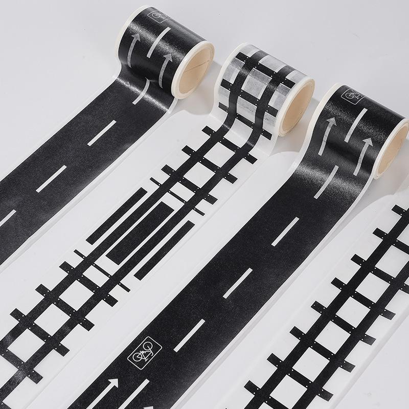 6 Styles Reusable Black Road Tape Sticker - Sparkle Finish, Perfect for Party Racing Decor & Car-Themed Events, Self-Adhesive, Matte