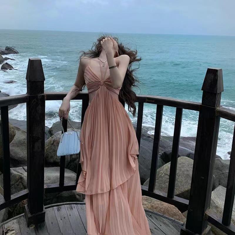 French Chic Irregular Cut-out Slimming Camisole Dress for Women - Perfect for Sanya Beach Vacation Photos