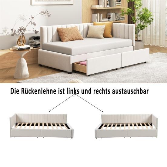 Adult Cot Velvet Upholstery Bed with 2 Drawers L-shaped Ergonomic Design Single Slatted Frame Backrest Strong Wood Slat Support Home Furniture