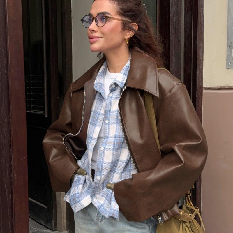 Cropped Jackets Faux Leather Jackets Casual Zip Up Motos Bike Coat Outwear Motorcycle Short Coat Fall Clothes