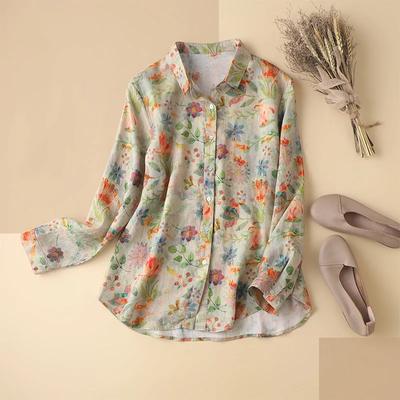 Women's Spring Linen Print Shirt Floral Vintage Causal Long-Sleeve Blouse