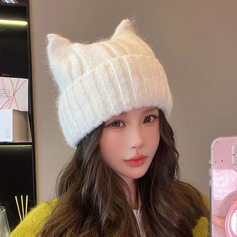 Cartoon Knitted Hat for Women Korean Style Solid Color Fashionable Versatile Wool Hat Outdoor Windproof and Warm Pull Out Hat for Men