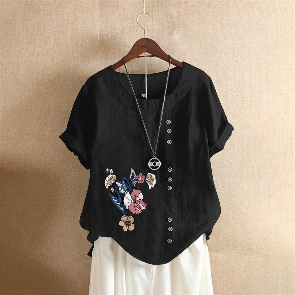 Letnia oversize'owa bawełniano-lniana koszulka z krótkim rękawem, Bawełniano-lniana drukowana oversize'owa odzież damska