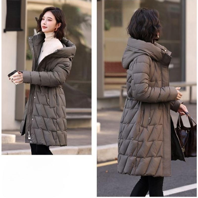 Women’s Winter High End Elegant Thickened Mid Length Padded Down Coat Waist Cinched Hooded Warm Fashion Outerwear