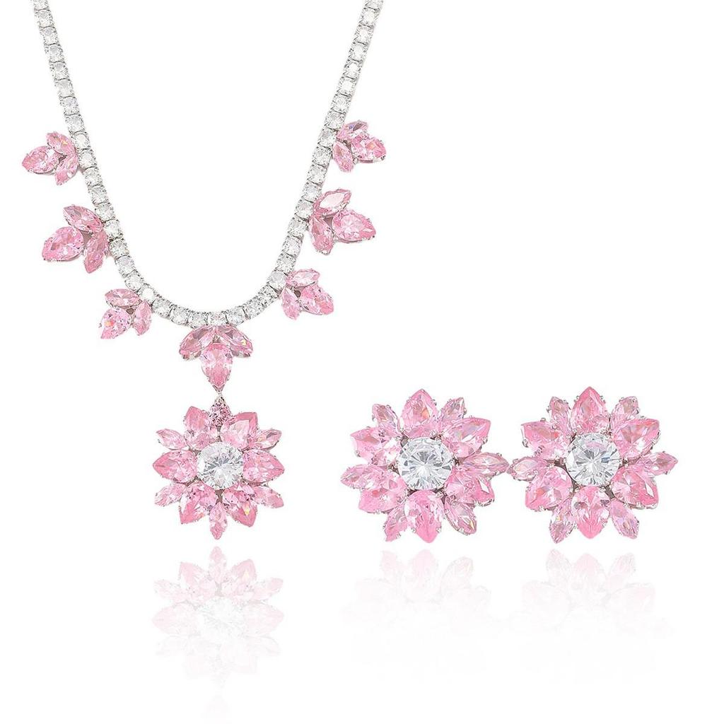 European and American Style Zircon Pink Plum Blossom Necklace and Earrings Set