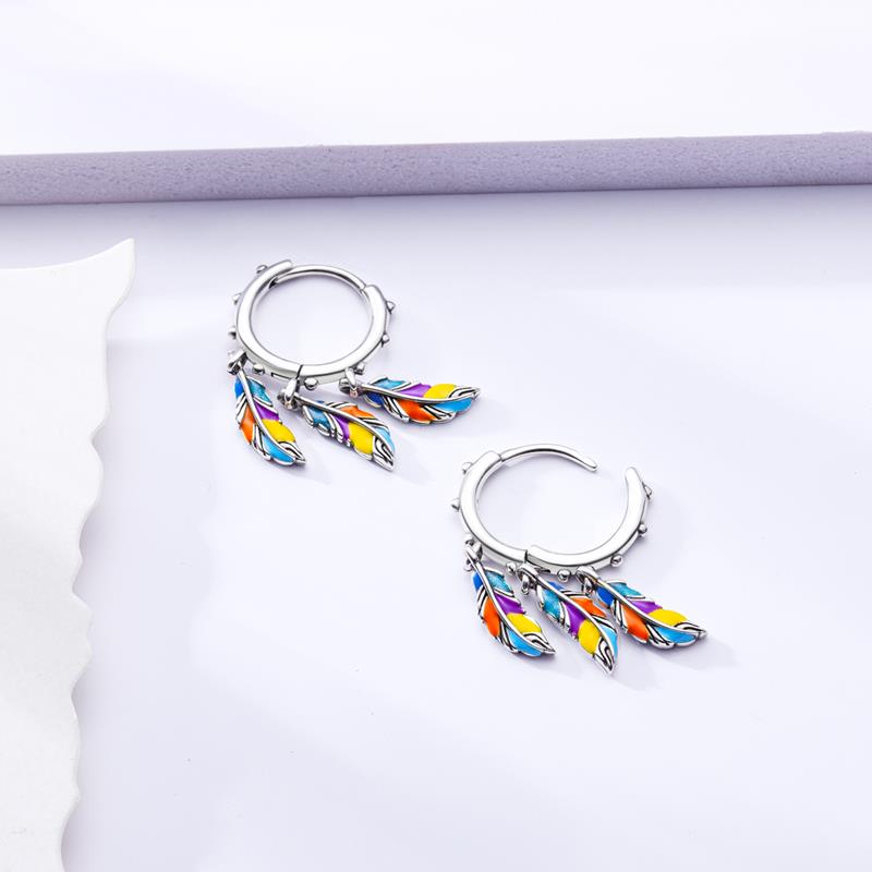 925 Silver Colorful Feathers Drop Earrings Dream Catcher Bohemia Asymmetry Dangle Earrings Original Wedding Jewelry For Women