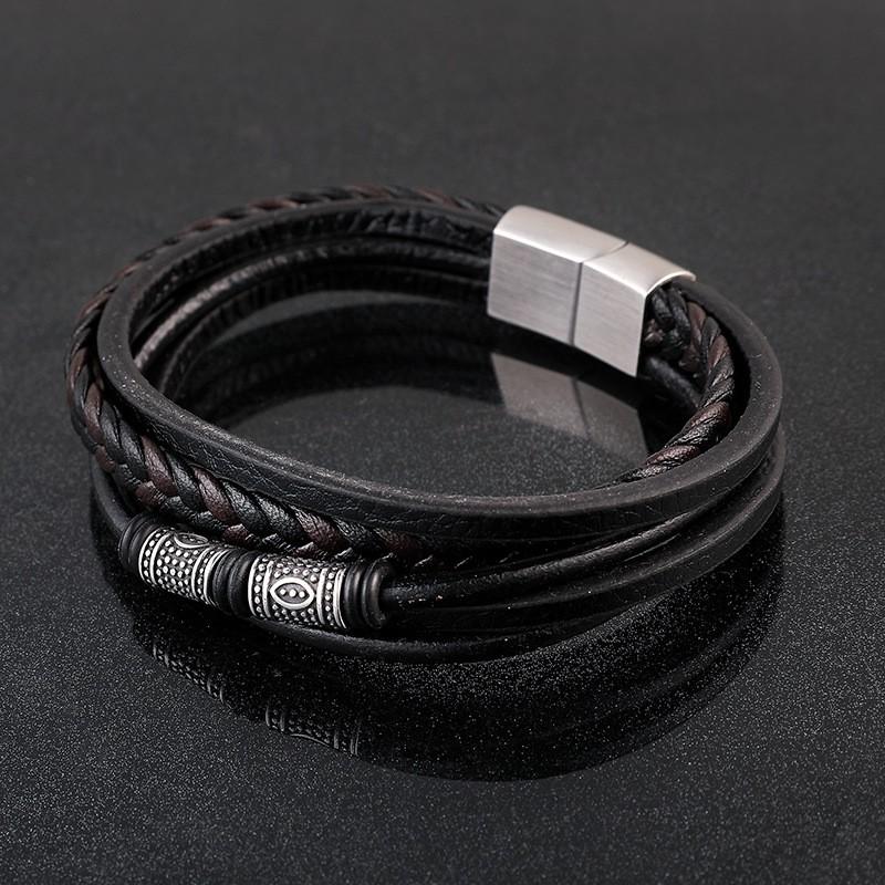 Mens Stainless Steel Braided Bracelet With Magnetic Clasp Multi-Layer Leather Wristband Geometric Design
