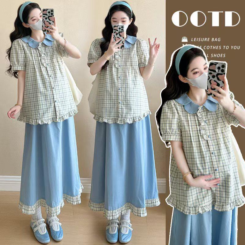 Maternity Summer A-Line Skirt & Plaid Shirt Two-Piece Set M