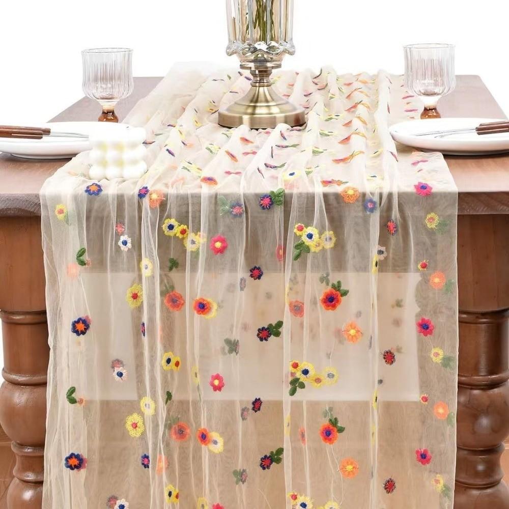 Colorful Flower Lace Tulle Runner Embroidery Daisy Floral Table Cover  for Bridal Shower