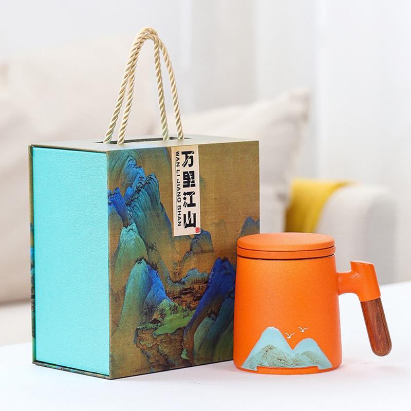 Guochao Holzgriff Yuanshan Keramiktasse mit Deckel Qianli Weißporzellan Jiangshan Büro Tee- und Wasserseparation Geschäftsgeschenk