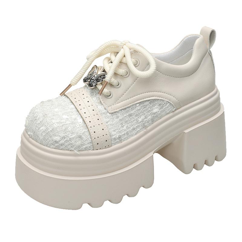 European 2025 new leather sequined cloth thick sole thick heel lace-up low-top shoes single shoes round head loafers women's shoes
