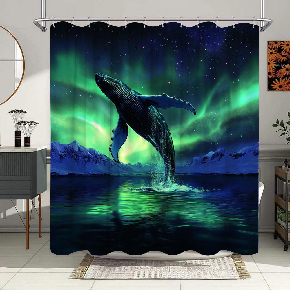 

Digital Art Whale Shower Curtain - Humpback Breach, Aurora, Snowy Mountains, Polyester Fabric, Bathroom Decor W60H190(CM)-1 Pcs