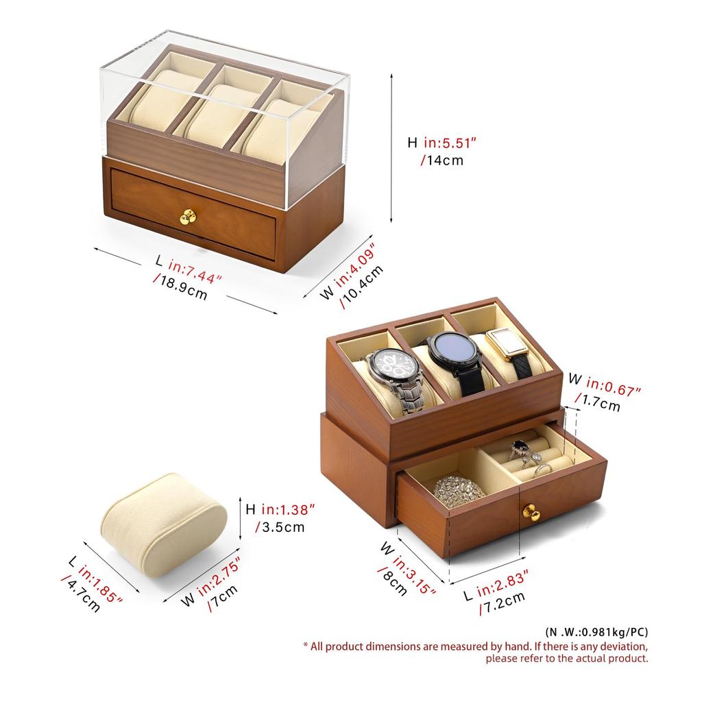 Oirlv Wooden Watch with Accepts Eligible X07301 Case, 3-Watch Capacity, 2-Tier Drawer, Portable, Luxury, Stylish, Invoices, (Beige)