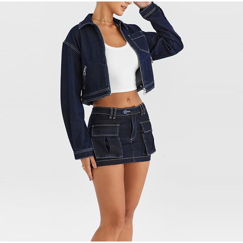 Women Denim Jackets Turn Down Collar Zippers Coats 2025 Spring Long Sleeve Basics Pockets Washing Solid Color Slim Outerwear