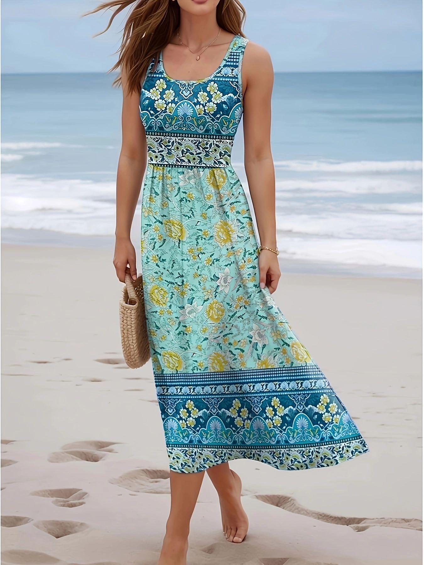 2026 European and American printed dress seaside beach sleeveless vest long dress women s clothing S