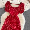 Seaside Holiday Backless Super Sexy Square Collar Slim-fitting Sleeved Mid-length Split Dot Dress