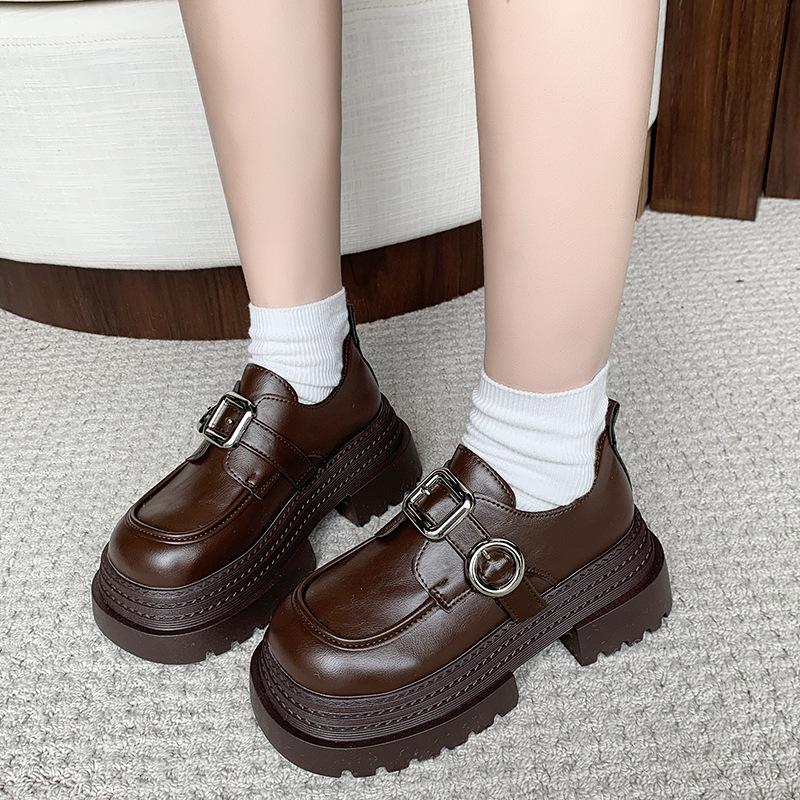 Thick-soled big-headed women's spring new heightening small leather shoes thick heel British commuter Velcro single shoes