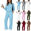 Women's Fashion Collared Long Sleeve Casual Two-Piece Set with Loose Wide Leg Pants, Color