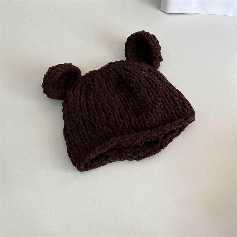 

Bear ears thick wool hat women s autumn and winter thickened warm hand-knitted woven big head circumference pullover hat M（56-58cm）