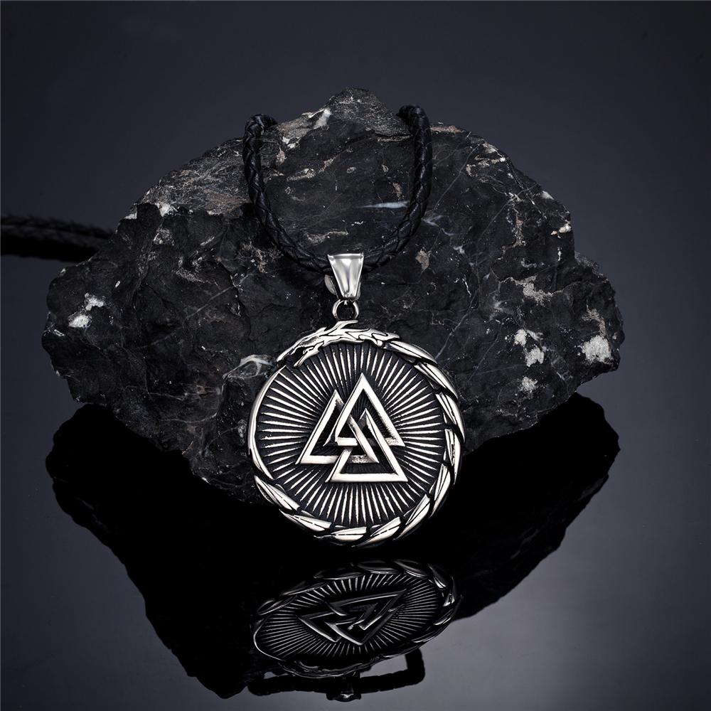 Antique Black Ouroboros Viking Dragon Necklace Men Stainless Steel Compass Norse Rune Trinity Vegvisir Pendant Icelandic Jewelry
