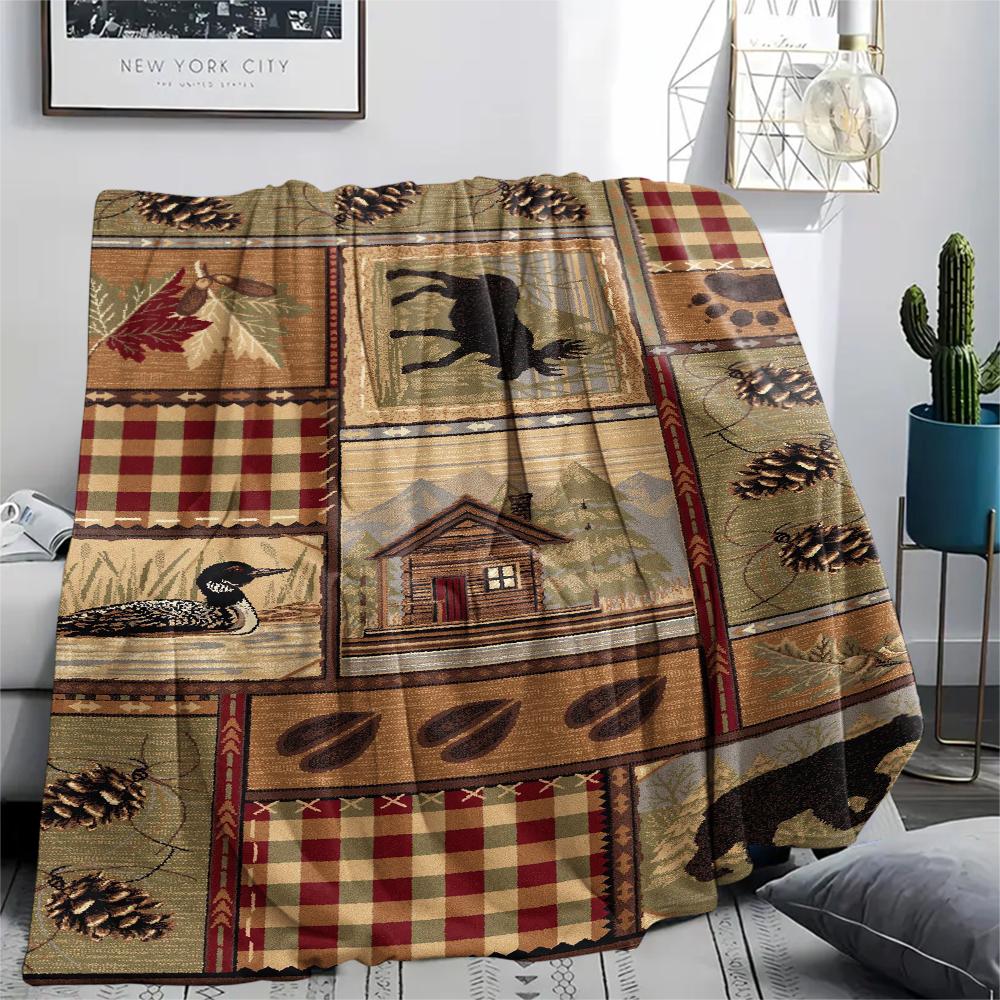 1Pc Cabin Wildlife Print Flannel Blanket, High Quality Comfortable for All Seasons, Home Decor, Warmth and Comfort, Perfect for Gifts