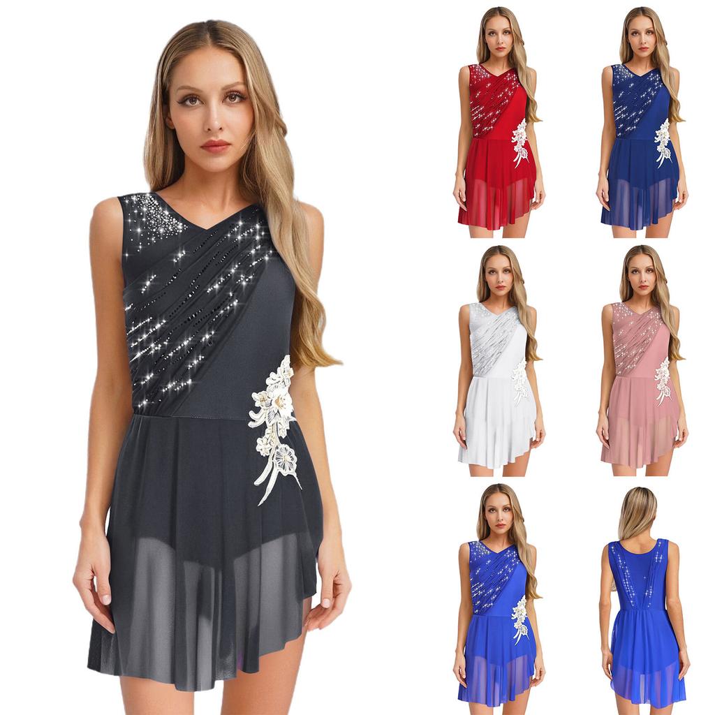Womens Lyrical Dance Dress Sleeveless Ruched Mesh Overlay Shiny Rhinestones Side Slit Ice Skating Costume
