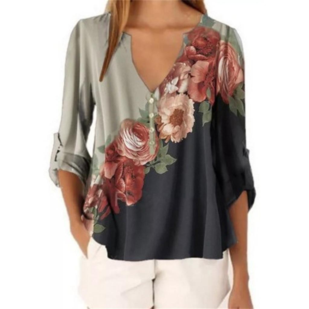 Women Casual Tops Shirt Ladies V Neck Floral Print Loose T-shirt Blouse Tee Top