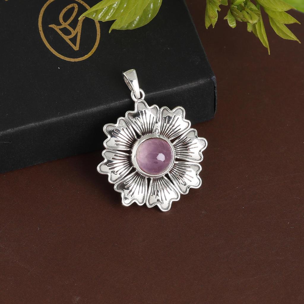 Rose Quartz Flower Silver Pendant, Pure 100% 925 Sterling Silver Handmade Jewelry, Silver Women Pendant Ap7118