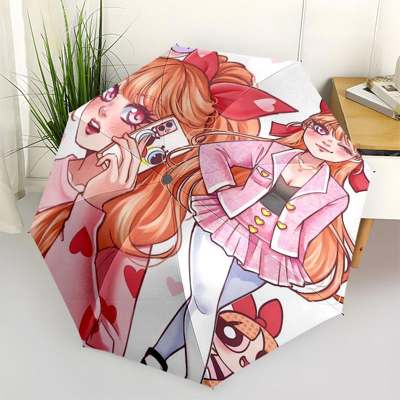 

1pc Powerpuff Girls Automatic Opening/Closing Outdoor Umbrella with Heart Print - Portable 3-Fold Design, 8-Rib Iron Frame Outdoor Umbrella for F