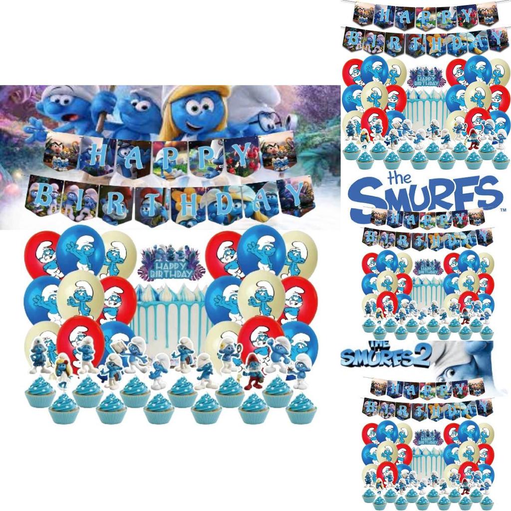 Blue Children Birthday Party Decoration Set Paper Flag Cartoon Cake Insert Balloon