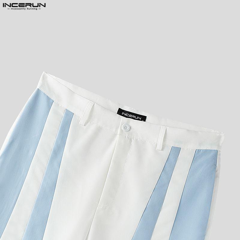 INCERUN S-5XL Men Casual Zip-up Waist Striped Long Flare Pants Trousers