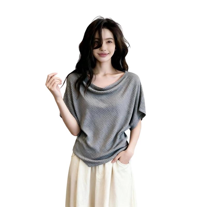 La Chapelle Women s Striped Cowl Neck Short Sleeve T-Shirt One Size