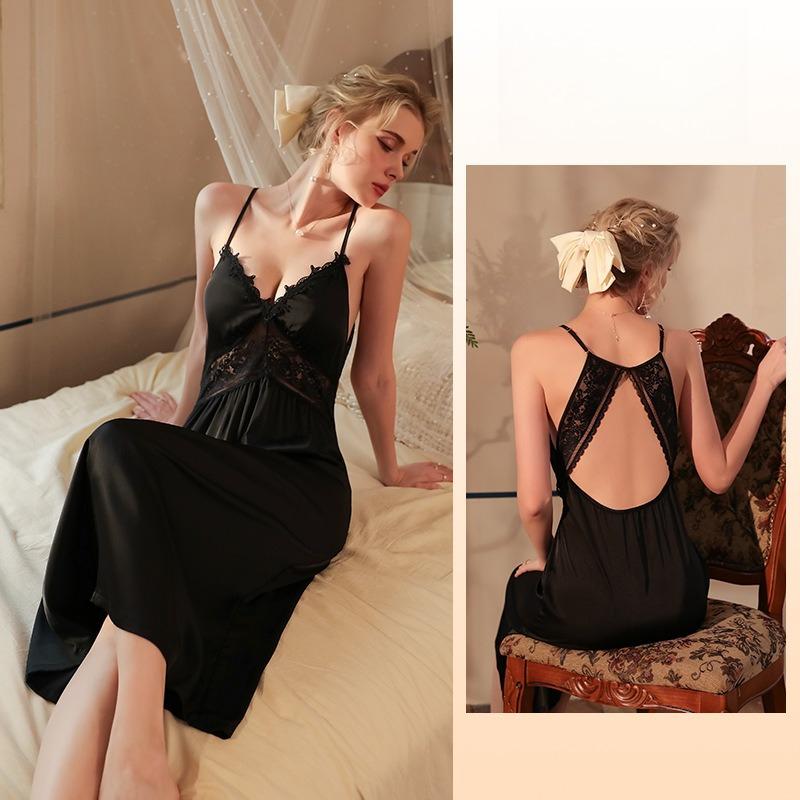 

Sexy Ice Silk Satin Cami Nightgown Deep V Backless Long Slim Fit Skin-Friendly Pajamas 516 Silky Luxurious Sleepwear for Ultimate Comfort L
