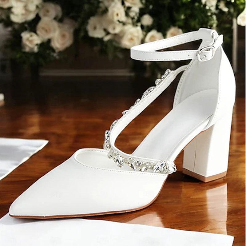 Spring and summer new European and American pointed high heels women's elegant rhinestone thick heel hollow one-word buckle strap shallow wristband s