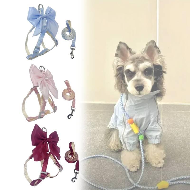 Pet Dog Leash Set With Bright Silk Large Bowknot Chest Harness For Small Dogs And Cats