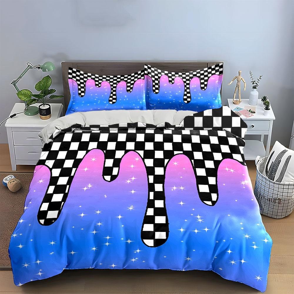 "Gradient Checkerboard Starry Set" Soft Skin-Friendly Bedding Set Includes 1 Duvet Cover And 2 Pillowcase Gift