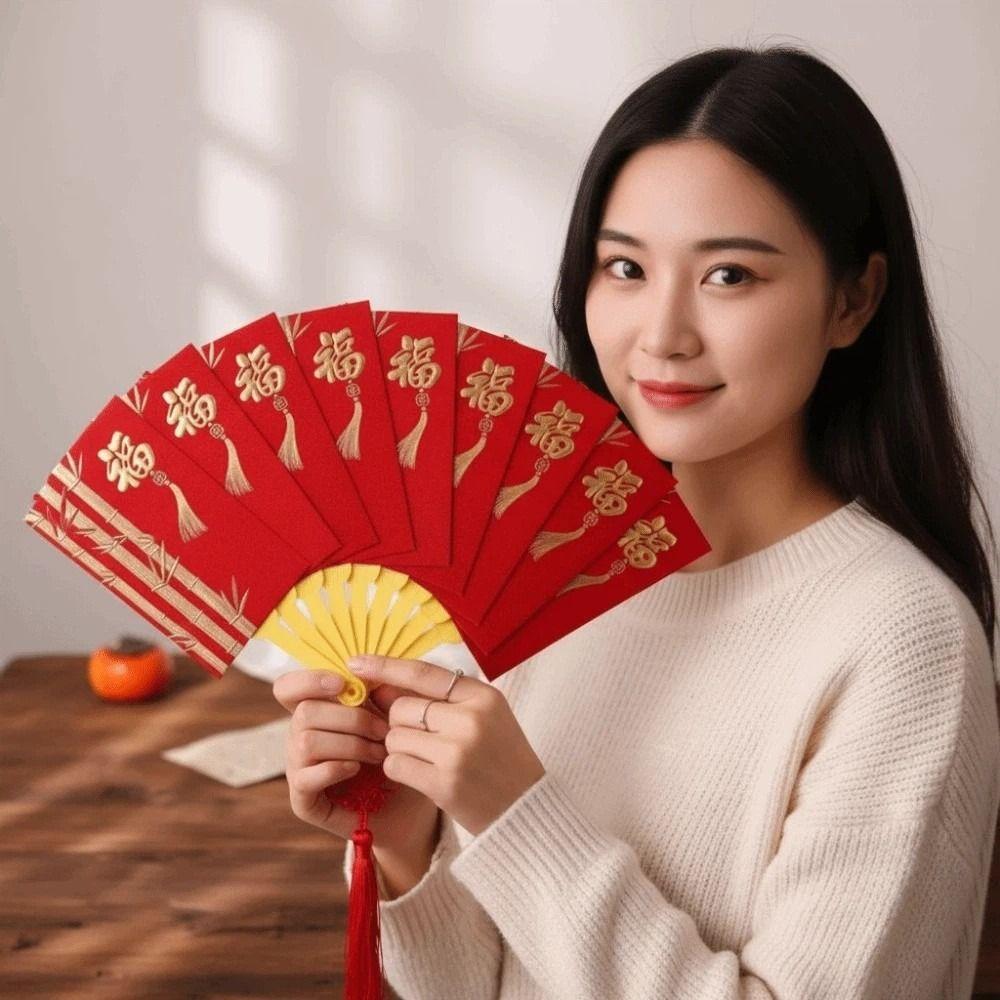 Traditionelles Fächerdesign Roter Umschlag mit chinesischem Knoten 10 Karten Kinder-Geldbeutel Papier Hongbao Quaste