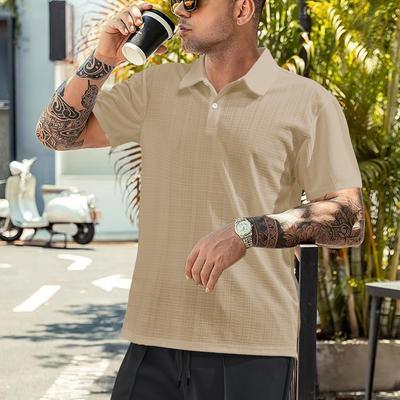 Camisas de Color Sólido de Poliéster con Cuadros Pequeños y Cuello Polo de Manga Corta para Hombre