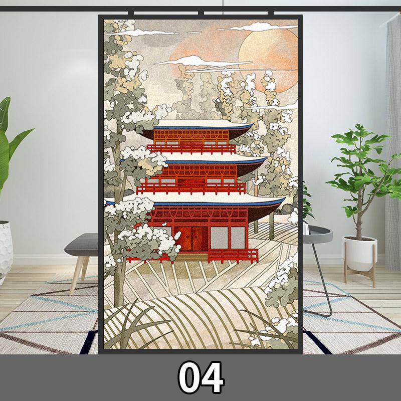 Japanese Style Privacy Window Film Static Cling Stained Ukiyo-e Cherry Blossom Glass Film Toilet Bathroom Window Stickers