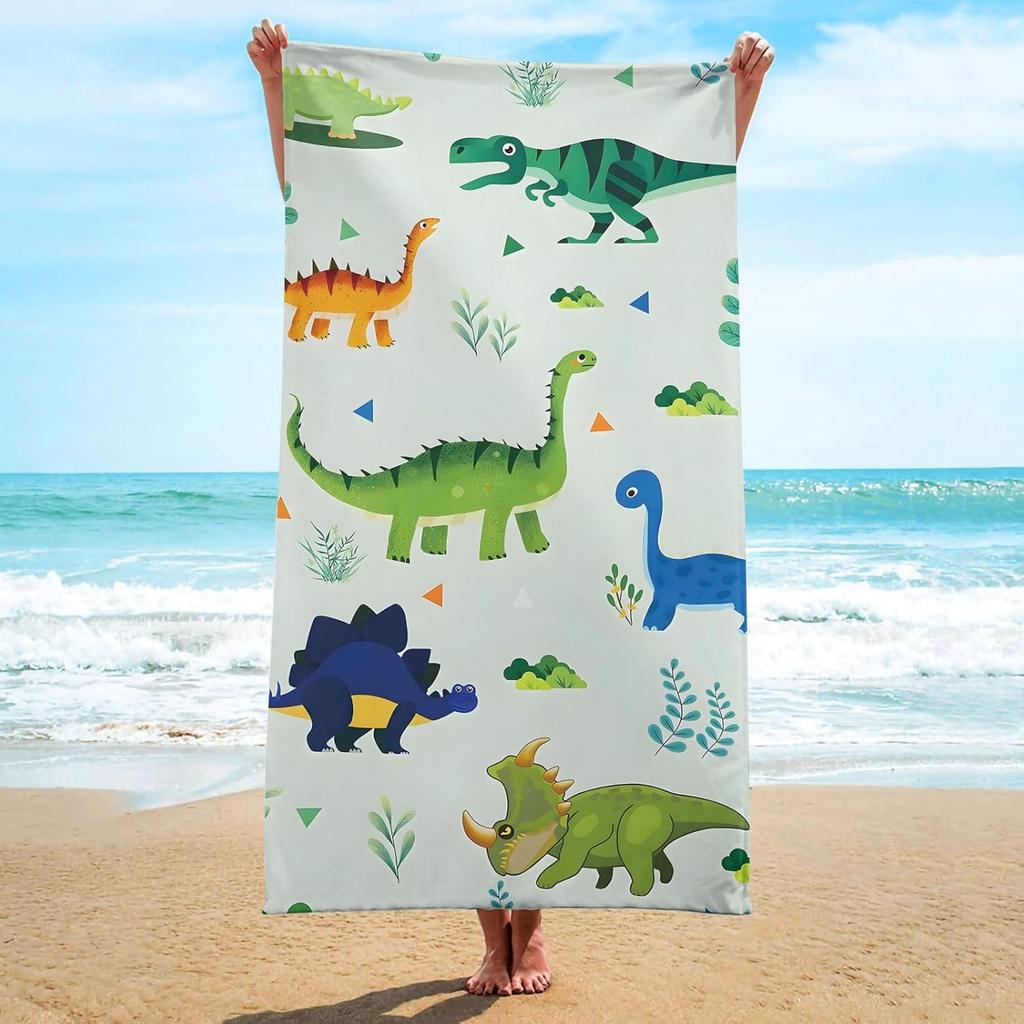 Cute Cartoon Dinosaur Print Beach Towel T-Rex Triceratops Pattern Quick Dry Absorbent Sandproof Towel for Summer Beach Holiday
