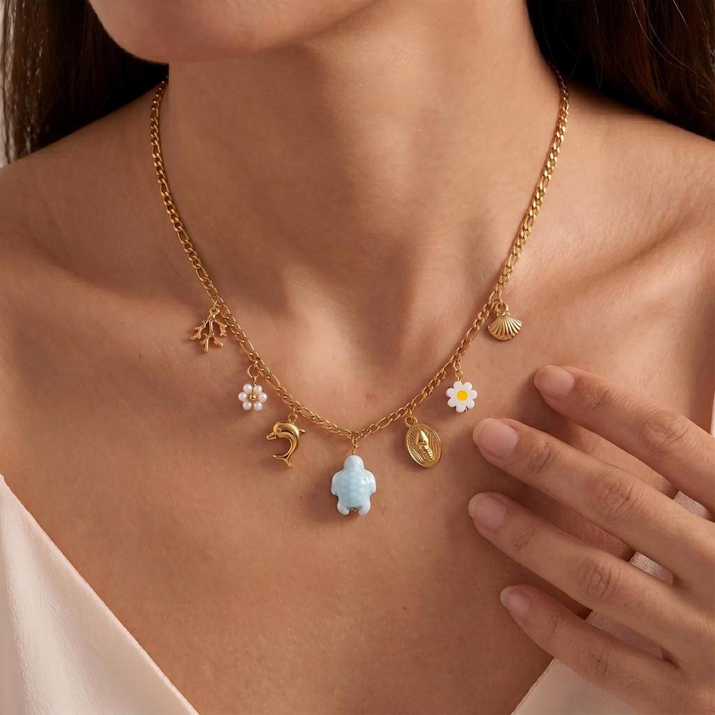 Ocean Style Women's Necklace with Shell, Starfish, Sea Turtle Pendants In Stainless Steel