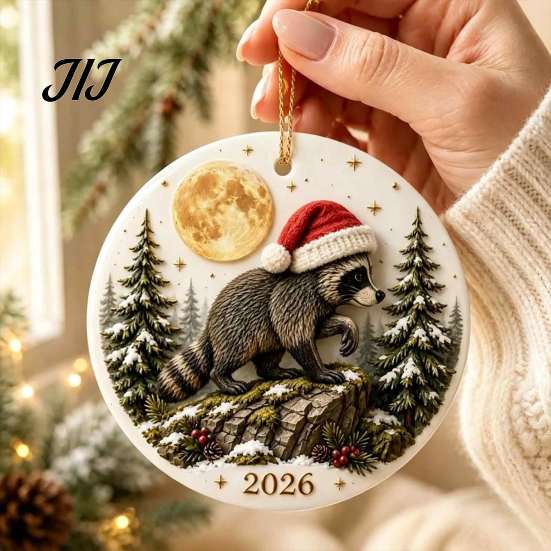 Holiday Home Decor Christmas Raccoon Acrylic Ornament, Cute Animal Hanging for Tree Unique Gift Friends Desk, Festive Decoration, Lovers Aesthetic