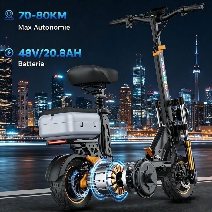 Trottinette électrique pliable M5PRO – 1200W – Jusqu’à 80 km – Batterie 48V 20,8Ah – Freins à disque hydrauliques – Siège + coffre