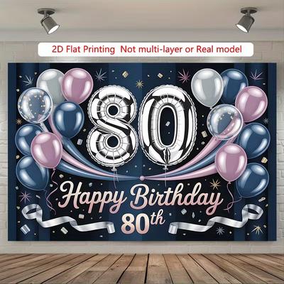 2D Flat Printing Navy Blue Pink 80th Happy Birthday Backdrop