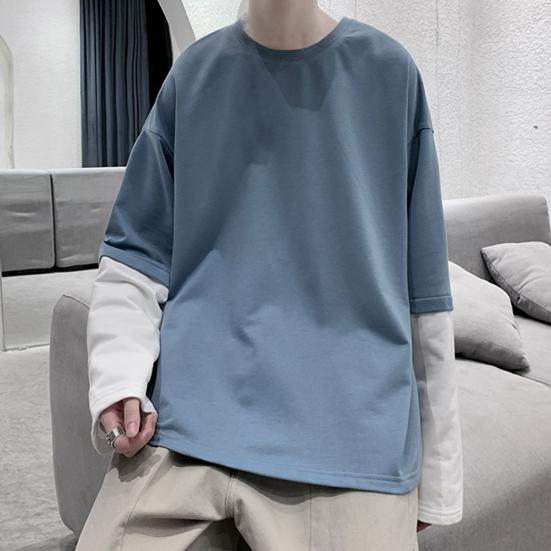 Men Autumn Tops Fake Two-pieced Color Block Pullover Contrast Colors Round Neck Loose Young Style Casual Crew Neck Spring Tops Men Clothes