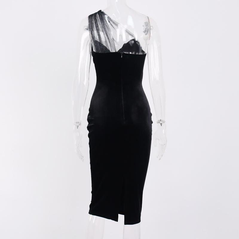 Single Shoulder Midi Dress Cut Out Mesh Velour Sexy Split Black Dress Woman Elegant Fashion Bodycon Party Wear