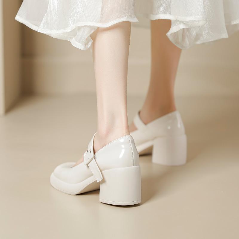 High heel Mary Jane single shoes cream Lolita thick heel round head soft sole one word with square buckle small girl matching