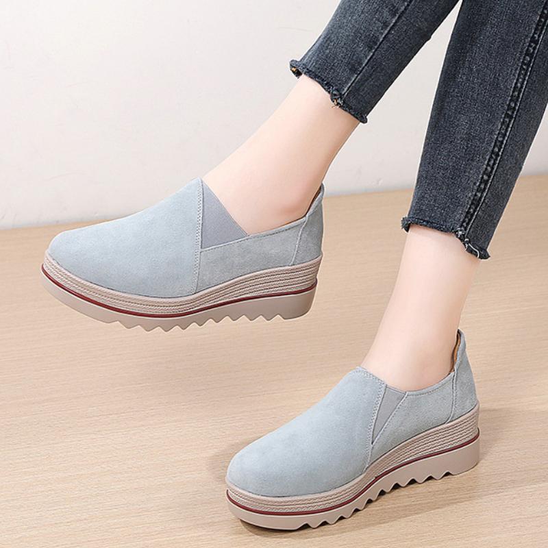 Rutschfeste Damen Plateau Schuhe Mode Kuhveloursleder Keilabsätze Slipper Loafer Freizeitschuhe