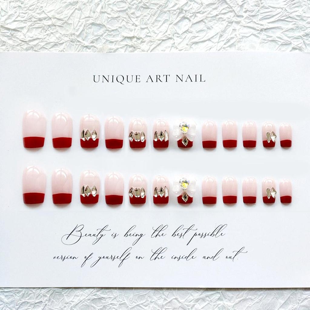 French Big Bow Diamond Press-On Nails: Medium Long Length Bridal Art Stickers