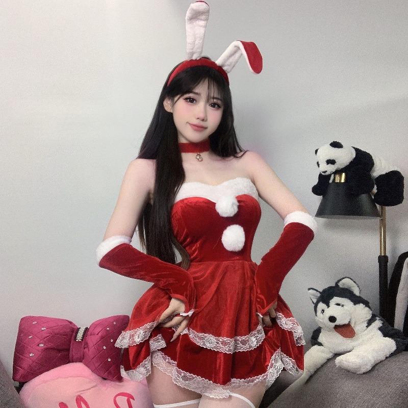 Sexy Lingerie New Velvet Strapless Lace Dress Sleeves Cute Bunny Girl Christmas Outfit Set Ball Cosplay Uniform Temptation